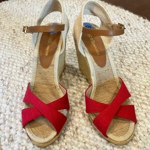 BCBGeneration Red Canvas Cross-Strap Wedge Sandals with Tan Ankle Strap